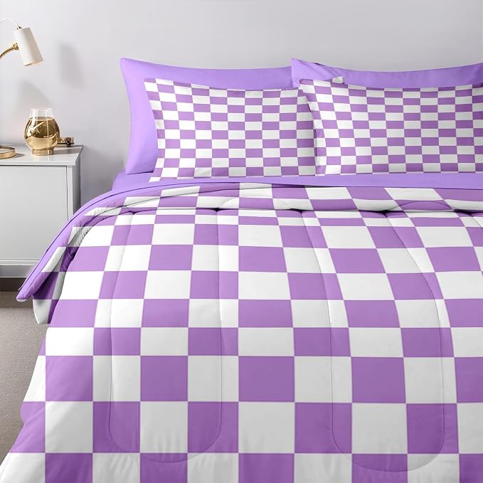 Nesker Comforter Set Full Size, Purple Plaid Gingham 7 Pcs Bedding for Kids and Adults, Checkerboard Grid Bed Sheet Sets with Fitted Sheet 2 Pillowcases & 2 Shams