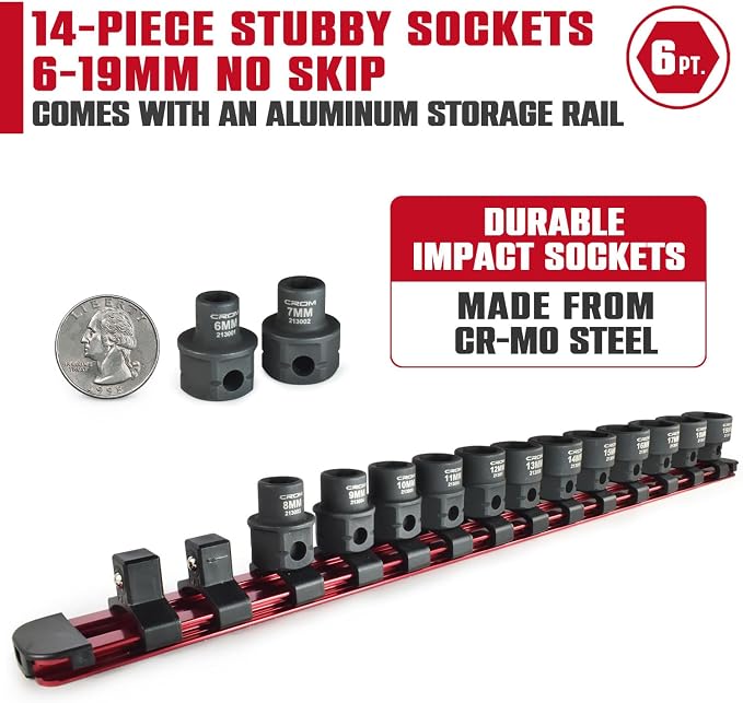 CROM Stubby Impact Socket Set 3/8" Drive Metric 6-19mm 14-Piece | Low Profile, CR-MO Steel, Nano Shallow Impact, Includes Aluminum Storage Rail