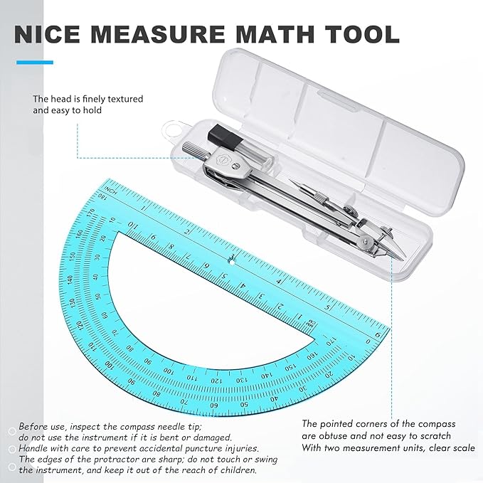 EBOOT Student Geometry Math Set, Drawing Compass and 6 Inch Swing Arm Protractor 180 Degree Math Protractor (Blue)