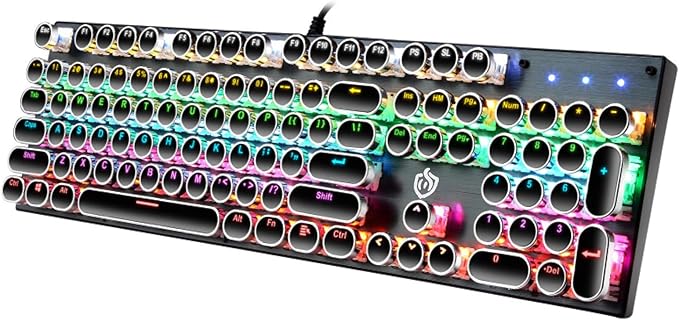 YSCP Typewriter Style Mechanical Gaming Keyboard Rainbow Backlit Wired with Blue Switch Retro Round Keycap 104 Keys Keyboard (L-Black)