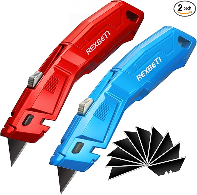 REXBETI 2 Pack Utility Knife with Extra Blades, 2 Color Retractable Blade Heavy Duty Box Cutter for Cartons，Cardboard and Boxes，Extra 10 Blades Included