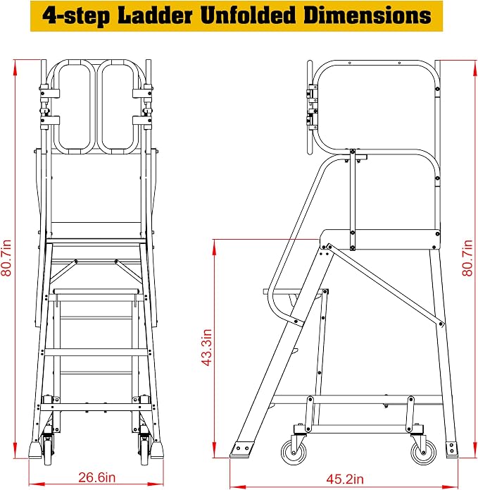 4 Step Rolling Platform Ladder Industrial Rolling Ladder with Wheels Non-Slip Aluminum Scaffolding Platform Stairs for Warehouse, Garage, 20"×24" Platform, 375lbs Capacity