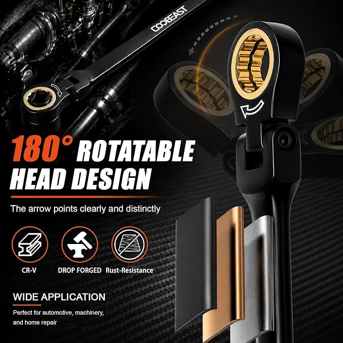 Flex Head Ratcheting Wrench Set 19-in-1, 6-24mm CR-V Steel Metric Wrench | Pass Through Flex Head for Tight Spaces, 16.6" Labor-Saving Long Handle, 72Tooth 180° Swivel Tool for Auto & Household DIY
