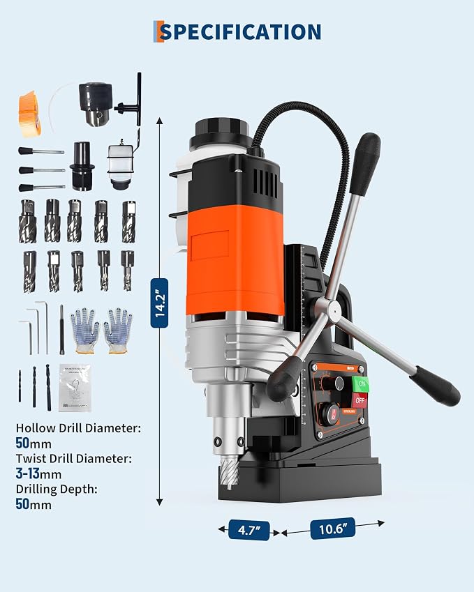 GarveeTech Mag Drill Press, 1750W 2 in Boring Diameter, 2922Lbf Power Portable Magnetic Drill, 810 PRM, 10-Speed，with 10Pcs Drill Bits 3Pcs Twist Drill and 1Pcs Plastic Box Electric Drilling Machine