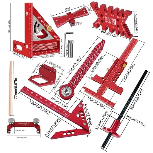 Woodworking Measuring Tools with Box, Aluminum Scribeing Ruler, Multi-Purpose Marking Ruler, Precision Layout Measuring Tool Carpentry Square Kits for Engineer Carpenter (10pcs with Box)