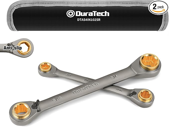 DURATECH 4-in-1 Anti-Slip Reversible Ratcheting Box Wrench Set, SAE | Double Box End, 2-Piece, 5/16", 3/8", 7/16", 1/2" & 9/16", 5/8", 11/16", 3/4", CR-V Steel, Nickel Plated, Rolling Pouch