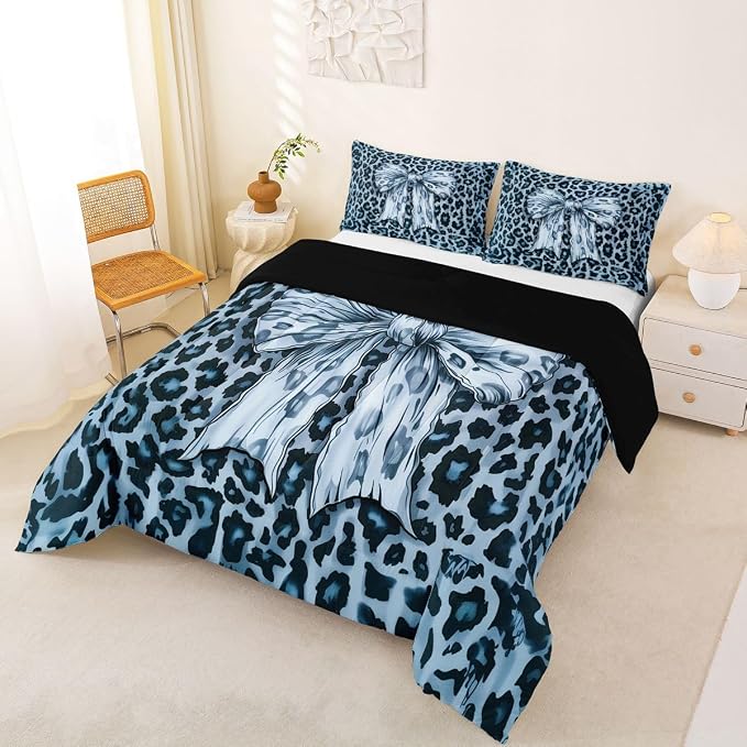 Feelyou Leopard Print Comforter Set All Season Cute Blue Bow Bedding Set with 2 Pillow Cases Cheetah Animal Fur Microfiber Kids King Bedclothes Bedroom Decor Duvet Quilt Breathable Soft Lightweight