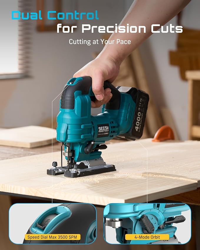 SEESII Brushless Jig Saw, Cordless Jigsaw Tool 2×4.0Ah Batteries | 0–45° Bevel Cut, 3500 SPM Variable Speed, 4 Orbital, Electric Jig Saw for Woodworking, Cutting Wood Metal PVC