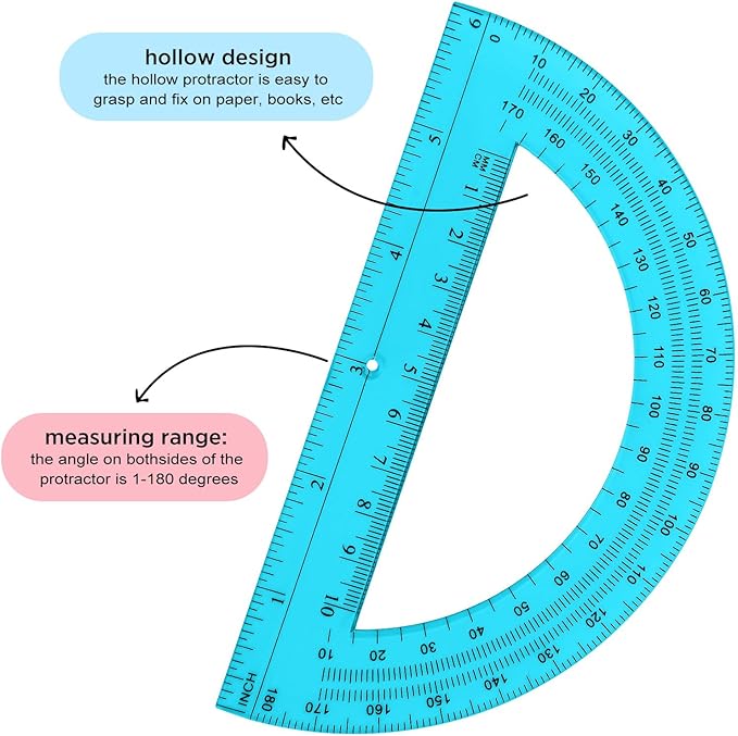 Zonon 3 Pack 6 Inch Plastic Protractor 180 Degrees Pink Blue Clear Protractors for Classroom, School, Math, Teacher, Student Office Supplies, Geometry, Angle Measurement, Christmas Gifts