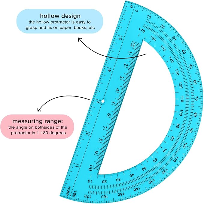 Zonon 36 Pack 6 Inch Plastic Protractor 180 Degrees Pink Blue Clear Protractors for Classroom, School, Math, Teacher, Student Office Supplies, Geometry, Angle Measurement, Christmas Gifts