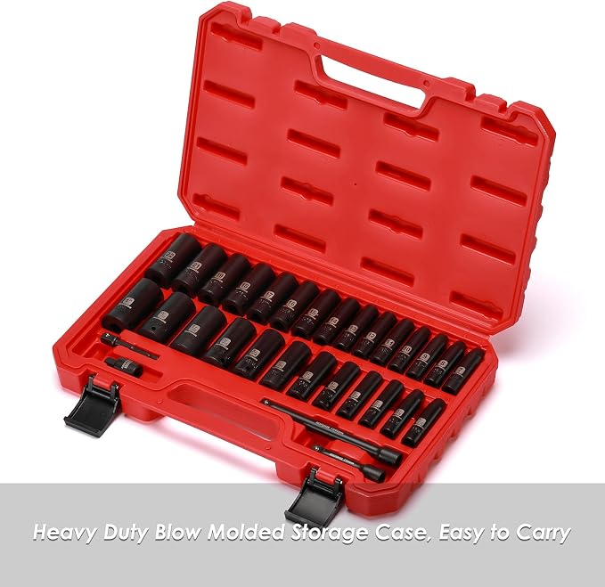 MIXPOWER 3/8" Drive Deep Impact Socket Set, 6 Point, 31 Piece SAE and Metric Socket Set, 7-22mm, 5/16"-1", Cr-V Steel Mechanic Socket Set