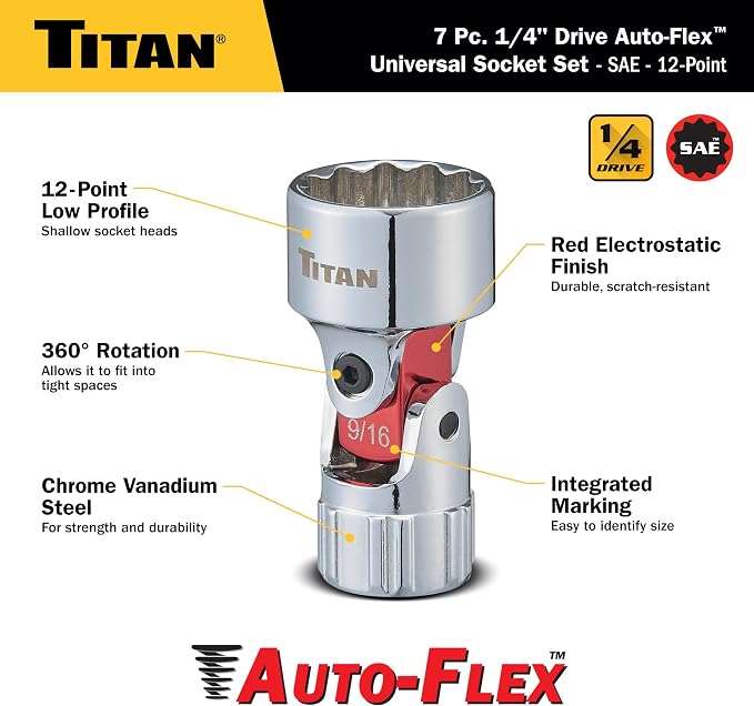 Titan 66860 7-Piece 1/4-Inch Drive SAE Auto Flex Universal Socket Set, 12-Point, 3/16-Inch to 9/16-Inch