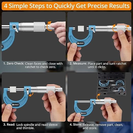 Neoteck 0-4"/0.0001" Outside Micrometer 4PCS Hardened Steel Precision Mechanical Micrometer Set with 1"/2"/3"Calibration Standards Wrench and Case for Machining, Automotive, Inspection
