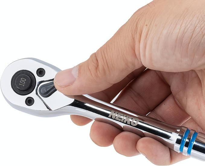 NEIKO 3/8 Inch Ratchet Wrench, 100-Tooth Reversible, 3.6 Degree Swing, Quick Release, 8" Long Handle, Silver Chrome Vanadium Steel