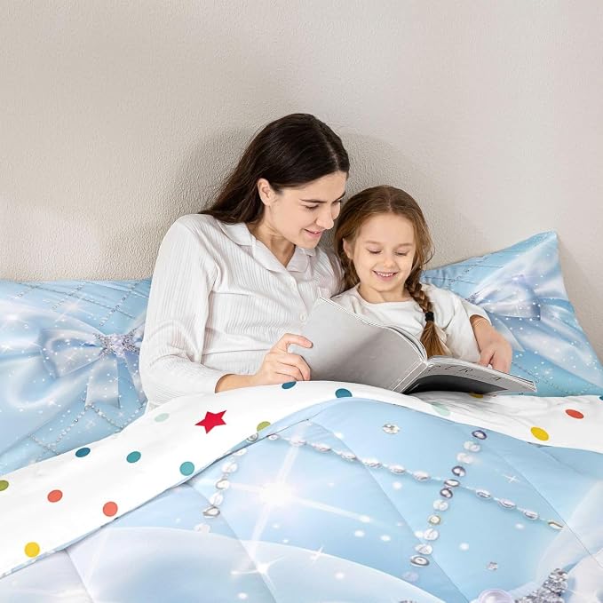 Feelyou Blue Bow Bedding Set Soft for Boys Girls, Glitter Bowknot Comforter Set King Size Princess Duvet Quilt Microfiber Bedroom Decor 3 Pcs with 2 Pillow Cases