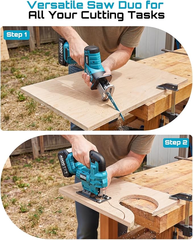 SEESII 2-Tool Cordless Combo Kit, Reciprocating Saw & Jig Saw with 2x4.0Ah Batteries, Brushless Motor, 0-45° Bevel Cut Jigsaw, Adjustable Speed, LED Light, Lightweight for Wood/Metal/PVC Cutting, DIY