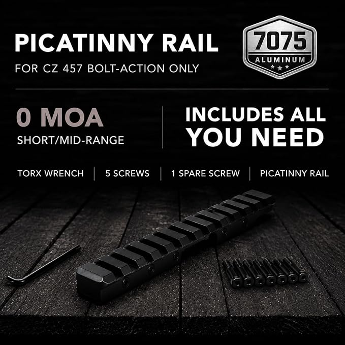G-Sight CZ 457 Picatinny Scope Base 0 MOA Rail 7075 Aluminum CNC Machined for CZ457, Includes Built-in Screws, Spare Screw and Torx Wrench