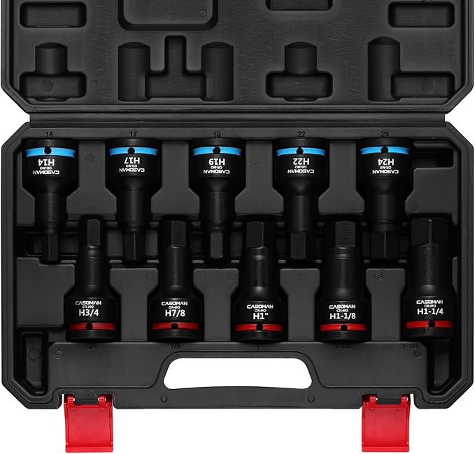 CASOMAN 3/4-Inch Drive Impact Hex Bit Driver Set, 10 Pieces Allen Bit Socket Set with Storage Case, Metric & SAE, CR-MO Steel, Impact Grade, One-Piece Construction
