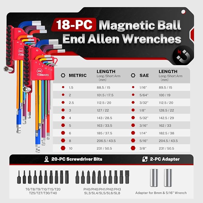 TOMMARS 18-PC Magnetic Ball End Allen Wrench Set, Extra Long & Color Coded | Extra Long Arm, Color Coded, S2 Steel, SAE(1/16"-3/8"), Metric(1.5mm-10mm), Including Bits & Adapter