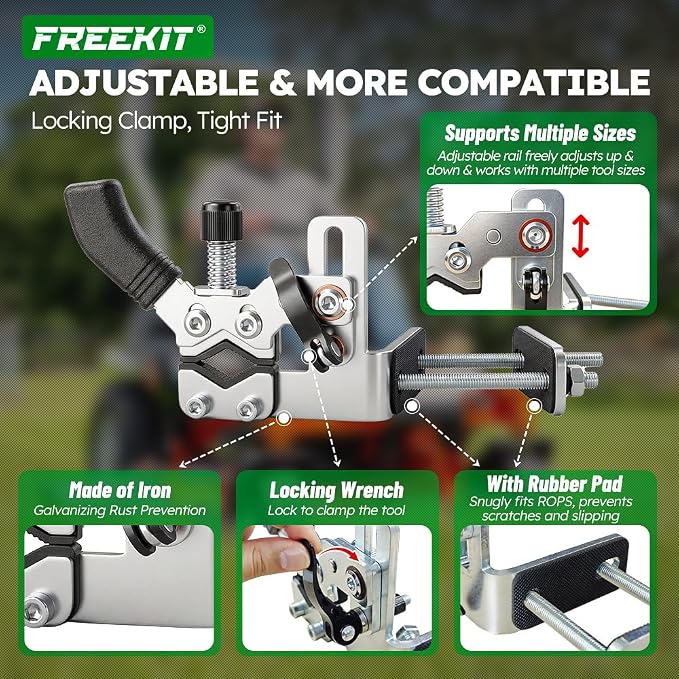 FREEKIT® 2Pack Zero Turn Mower Trimmer Holder, One Touch Quick Tool Access | Adjustable Rail for Multiple Tool. Rubber & Shock Spring-Protection. Quick Clamp-Lift Knob&Lock Wrench.Fit 1-3/4"~2-1/4" ROPS