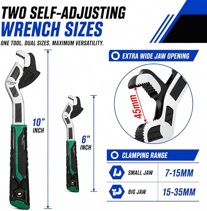 2-Piece Self-Adjusting Pipe Wrench Set, 6 and 10 Inch CR-V Steel Plumbing Wrenches, 15-35 mm Jaw Capacity for Pipes, Fittings, Nuts and Bolts