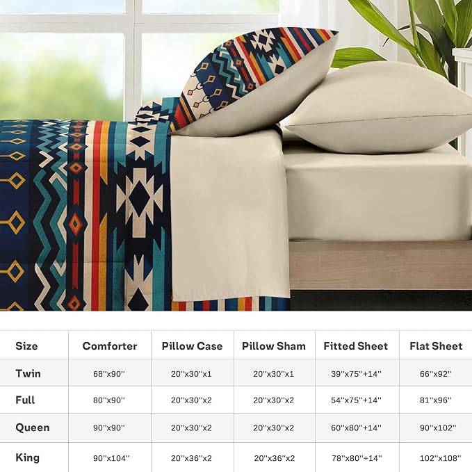 Nesker Comforter Set Full Size, Southwest Aztec Geometric 7 Pcs Bedding for Kids and Adults, Bohemian Vintage Bed Sheet Sets with Fitted Sheet 2 Pillowcases & 2 Shams