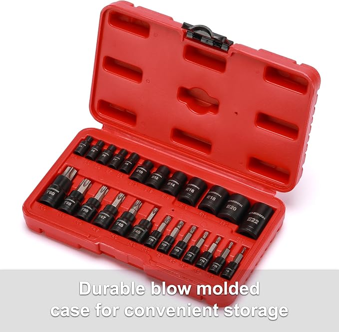 CASOMAN 25 Piece Torx Bit Socket and External Socket Set, 13 Star Socket Bits (T8- T60)& 12 Female E-Torx Sockets (E4-E22)