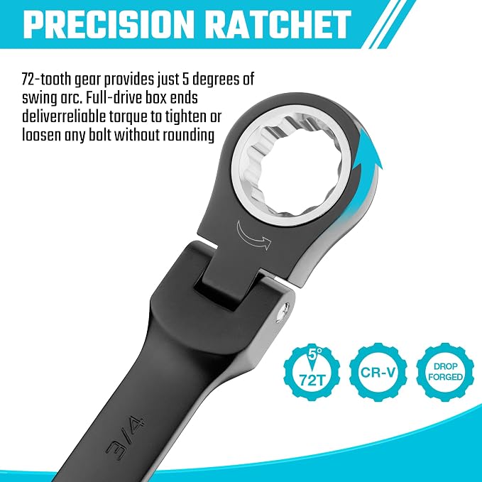 DURATECH 9-Piece Flex-Head Ratcheting Wrench Set, SAE | 5/16", 11/32", 3/8", 7/16", 1/2", 9/16", 5/8", 11/16" and 3/4", 72-Tooth, Black Electrocoat, CR-V Steel, Rolling Pouch