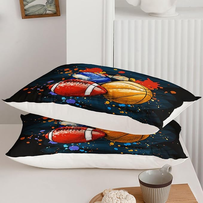 Axolotl Ball Game Bedding Set Full, Basketball & Volleyball Comforter Set Sports Bedding, Soccer & Football Comforter Colorful Grunge Style for Kids Boys Teens, 1 Quilt 2 Pillowcases