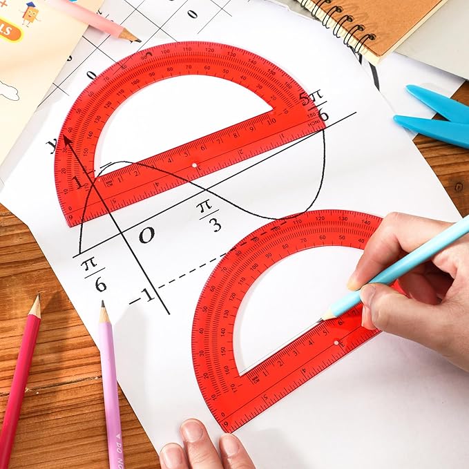 EBOOT Plastic Protractor Math Protractors 180 Degrees, 6 Inch, Pack of 2 (Red)