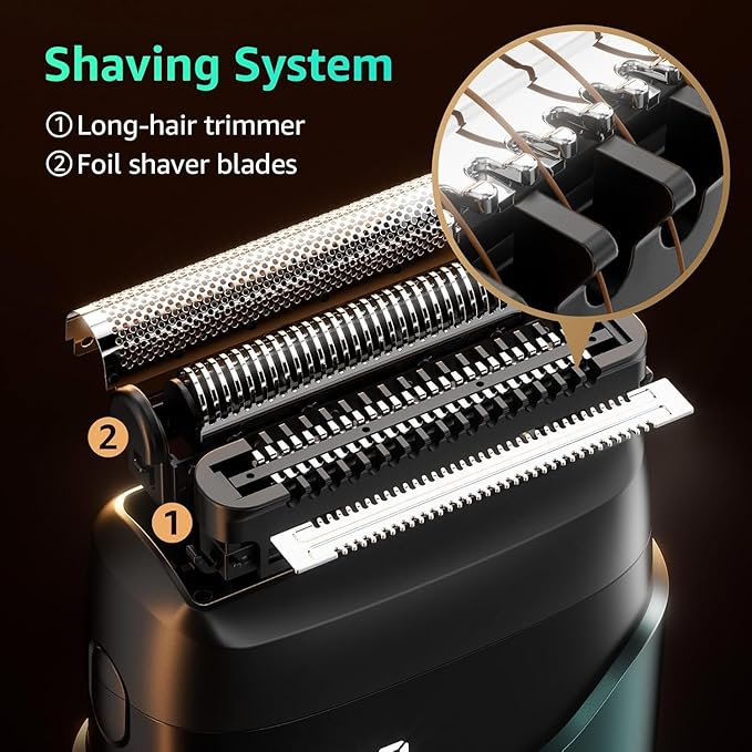 Electric Foil Shavers for Men, Mini Electric Razor, Compact Face Shaver, IPX7 Waterproof Wet Dry Cordless Razor, LED Display, USB-C Fast Rechargeable, Emerald Green