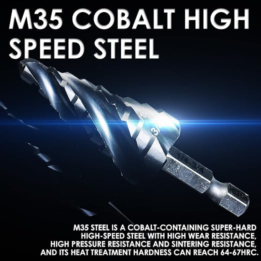 Matework M35 Cobalt Step Drill Bit, Four Spiral Flute Unibit Step Drill Bit (1/4"-3/4") Wear-Resistant TiAlN Coated, 1/4" Hex Shank for Metal, Carbon Steel, Stainless Steel, Wood, Plastic (9 Size)
