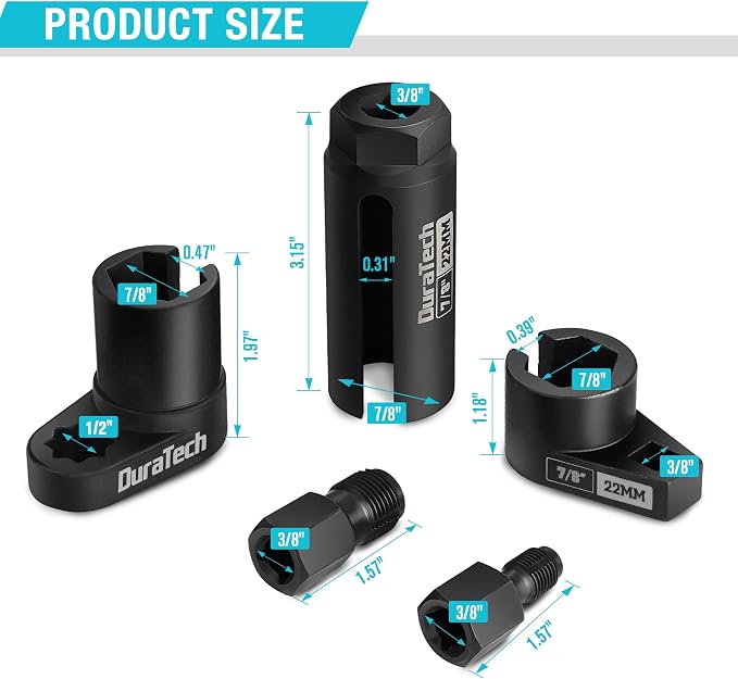 DURATECH 5PCS O2 Oxygen Sensor Socket Thread Chaser Set, 3/8" 1/2" Drive x 7/8" 22mm Oxygen Sensor Remover O2 Sensor Removal Tool Kit (Pack of 2)