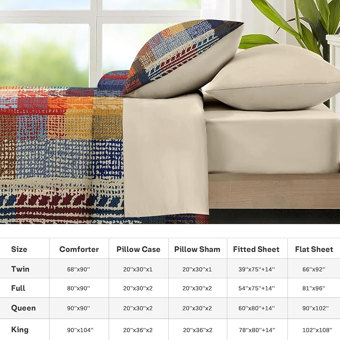 Nesker Comforter Set King Size, Boho Vintage Geometric 7 Pcs Bedding for Kids and Adults, Painting Colorful African Bed Sheet Sets with Fitted Sheet 2 Pillowcases & 2 Shams