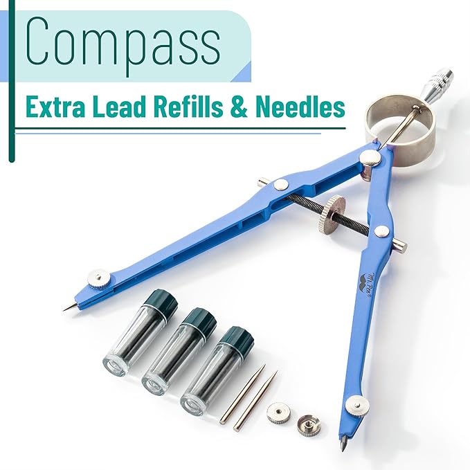 Mr. Pen- Professional Compass for Geometry, Extra Lead, Metal Compass Drawing Tool for Students, Drafting and Engineering, Technical Drawings, Circles and Geometry Projects