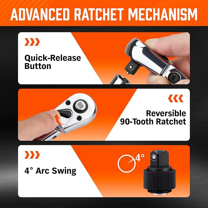 10-Piece Flex-Head Ratchet Set, 1/4", 3/8" & 1/2" Drive Socket Wrenches, 90-Tooth Quick-Release Reversible Low-Profile, Extension Bars (4", 10", 6") & 4 Adapters for Automotive, Bike, and Home Repair