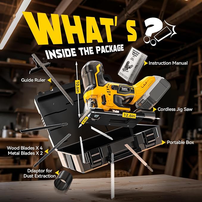 Ecarke Cordless Jig Saw Compatible With Dewalt 20V, Brushless Motor 3800RPM, 7 Speeds Dial Control, Free-Tool ±45° Bevel Cuts, 4 Orbital Action, Dust Blows and 6 Blades For Cutting, Tool Only