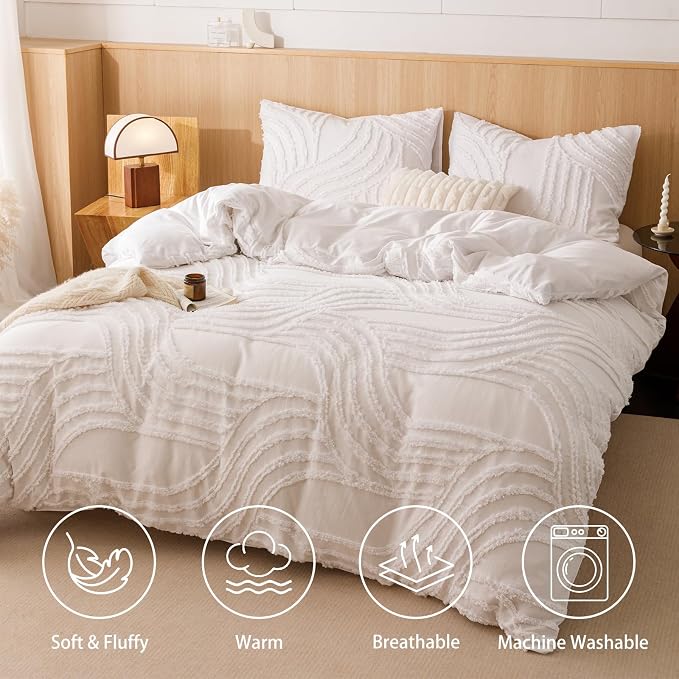 Nttopship Ivory Full Comforter Set - 7 Pieces Bed in a Bag, Premium Comforters Full Size Bed Set Tufted Shabby Chic Bedding Comforter Set with Flat Sheet, Fitted Sheet and Pillowcases,White