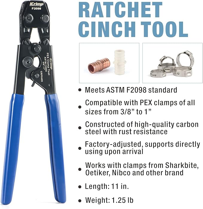 iCrimp PEX Clamp Cinch Tool for 3/8-inch to 1-inch Stainless Steel Clamps meet ASTM F2098 Standard with Pex Pipe Cutter Blue&red