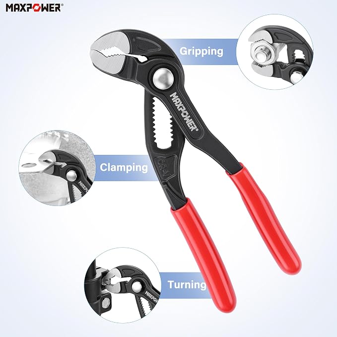 MAXPOWER 5-Inch Tongue-and-Groove Pliers, 0.98" Jaw Opens V Jaw Mini Pliers | Quick Release Push Button Adjustable Pliers, Serrated Teeth, Comfortable Grips