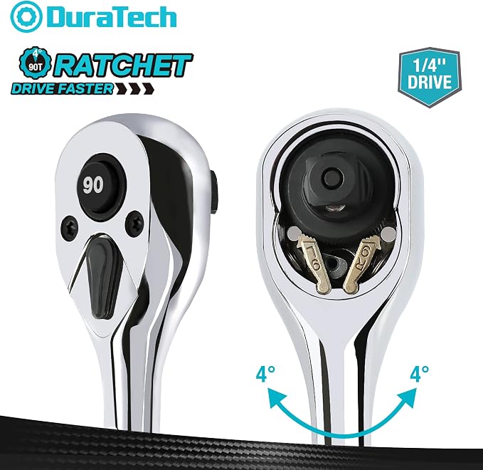 DURATECH 1/4-Inch Drive Ratchet, 90-Tooth Quick-Release Ratchet Wrench | Reversible, Cr-V Made, 4° Swing, Full Polished, Professional Socket Wrench for Men Women Stocking Stuffers for Men Women