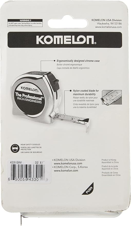 Komelon 433IEHV High-Visibility Professional Tape Measure both Inch and Engineer Scale Printed 33-feet by 1-Inch, Chrome