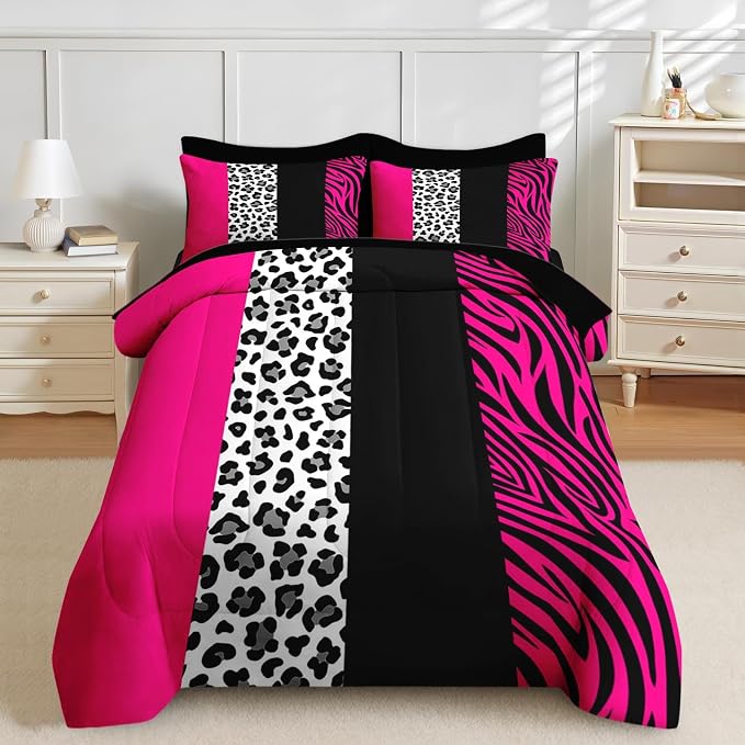 Nesker Comforter Set King Size, Leopard Color Block Pink 7 Pcs Bedding for Kids and Adults, Wild Zebra Print Bed Sheet Sets with Fitted Sheet 2 Pillowcases & 2 Shams