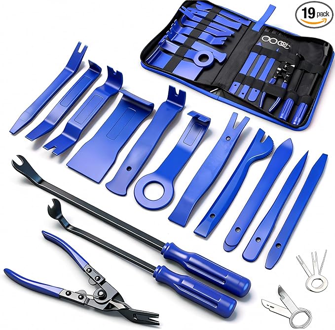 Poraxy 19Pcs Trim Removal Tool, Car Panel Dashboard Door Audio Trim Removal Tool Kit, Auto Clip Pliers Fastener Remover Set, Plastic Pry Tool, Automotive Upholstery Removal Kit