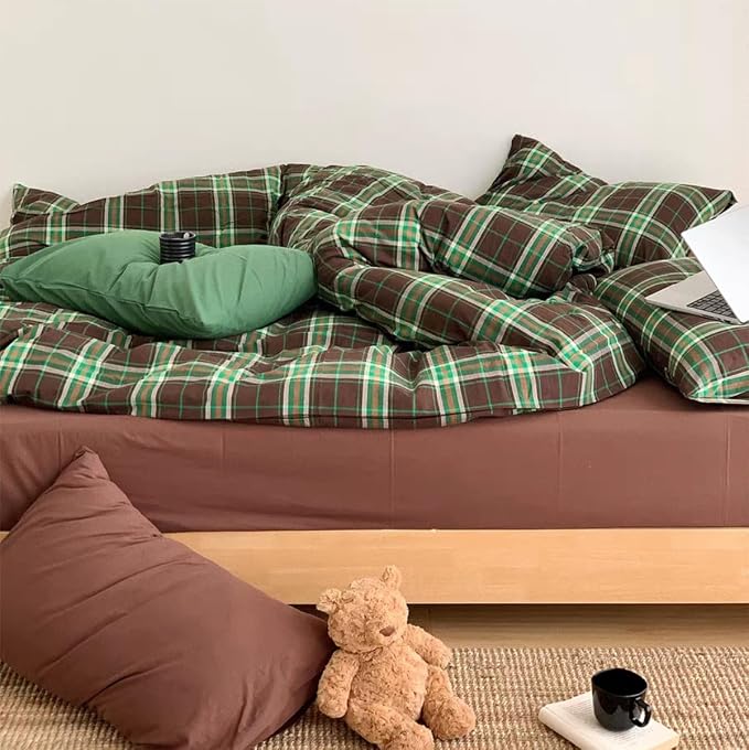 Sedefen Gingham Duvet Cover Queen Brown Vintage Plaid Bedding Set with Green Checked Kids Boys Girls Retro Soft Microfiber Breathable Duvet Cover Set