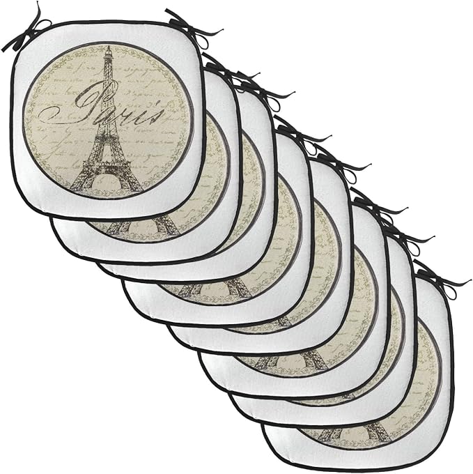 Lunarable Paris Chair Cushion Pads Set of 8, Vintage Wall Sign France Theme Famous Landmark Tourism Travel Destination, Anti-Slip Seat Padding for Kitchen & Patio, 16"x16", Khaki Black White