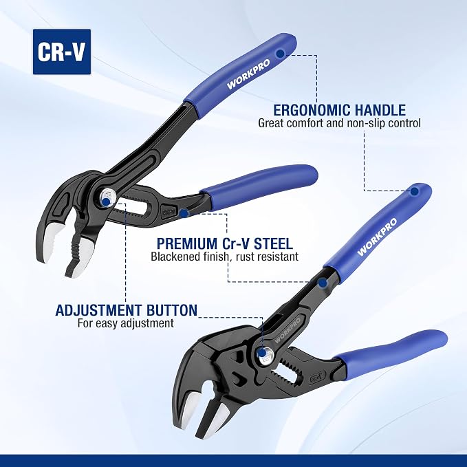 WORKPRO 2 PCS 7-Inch Pliers Wrench & Groove Joint Pliers Set, Quick Adjust | CR-V Steel, Smooth Jaw & V-Jaw, Upgraded Wide Opening, Soft Grip - for Plumbing, Pipe Fittings, Household Repairs