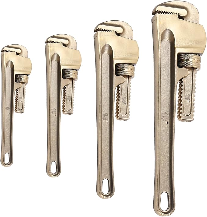 WEDO Non-Sparking Pipe Wrench Set, 8" 10" 14" 18",4PCS Spark-Free Straight Plumbing Wrench Set, No Spark Safety Adjustable Spanner, Aluminum Bronze,Corrosion Resistant,DIN/BAM/FM Standard