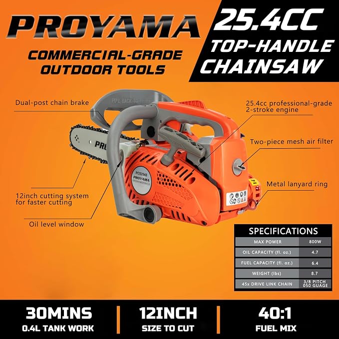 PROYAMA Gas Powered Top Handle Chainsaw, 12in Lightweight Petrol Chainsaw | 25.4cc Handheld Cordless Chain saw, EPA Certified, Easy Start Climbing Saw for Wood Cutting Tree Trimming Yard Work