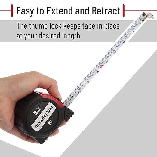 Mr. Pen- Retractable Tape Measure 25 ft, Red, Easy Read, Steel Retractable Measuring Tape with Fractions, Ideal for Construction & DIY Projects